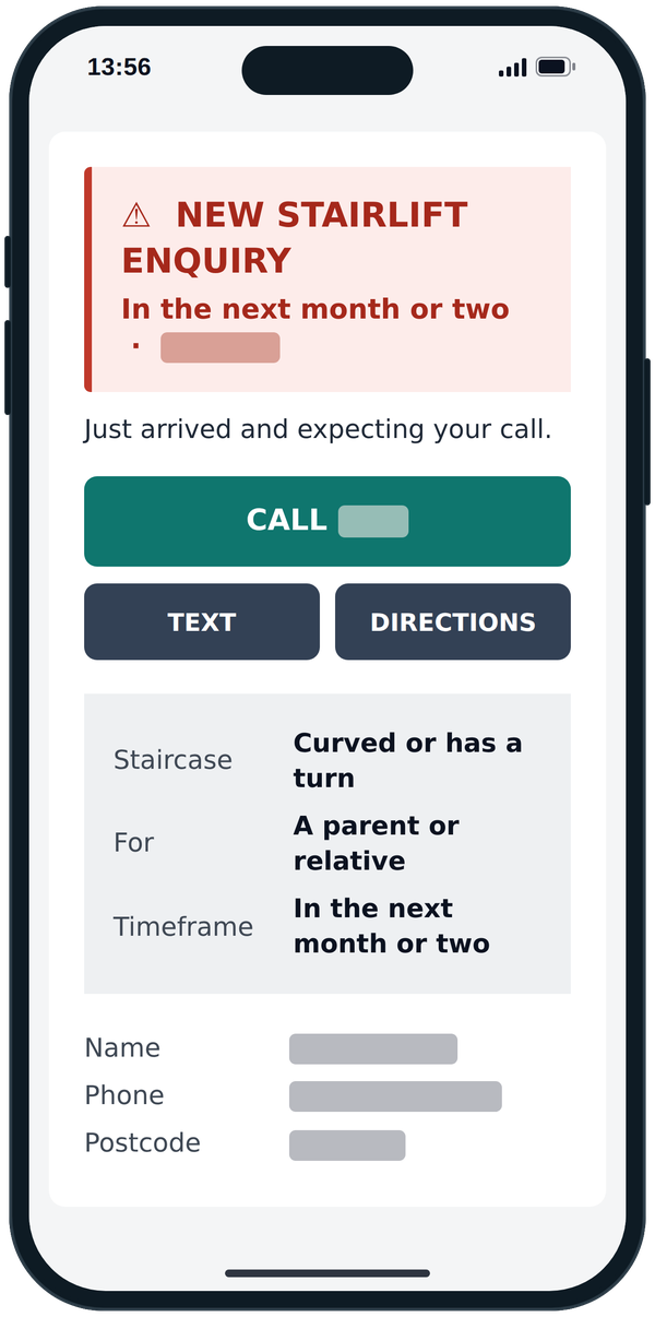 A stairlift enquiry on a phone screen, with a call button and the staircase type, who it is for and the timeframe