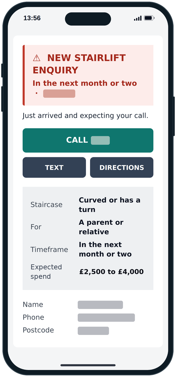 A stairlift enquiry on a phone screen, with a call button and the staircase type, who it is for, the timeframe and the expected spend