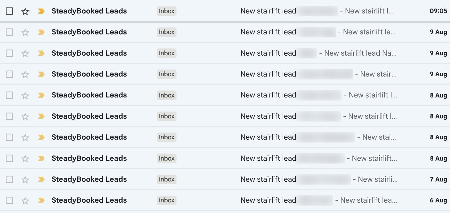 Ten stairlift enquiries arriving in an inbox across a few days in August